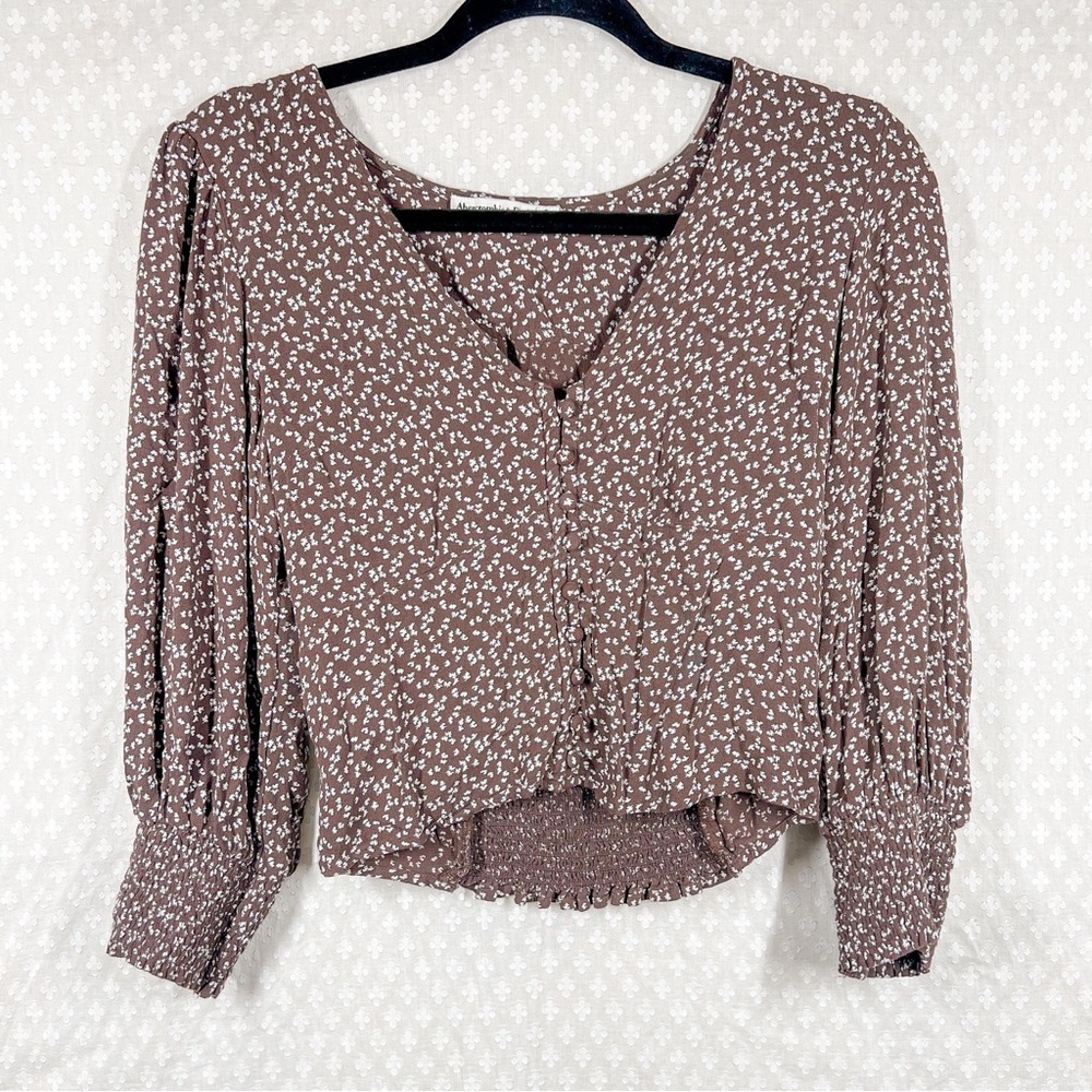 Abercrombie &‎ Fitch Brown White Floral Button Up Puff Sleeve Cropped Top - Picture 2 of 7